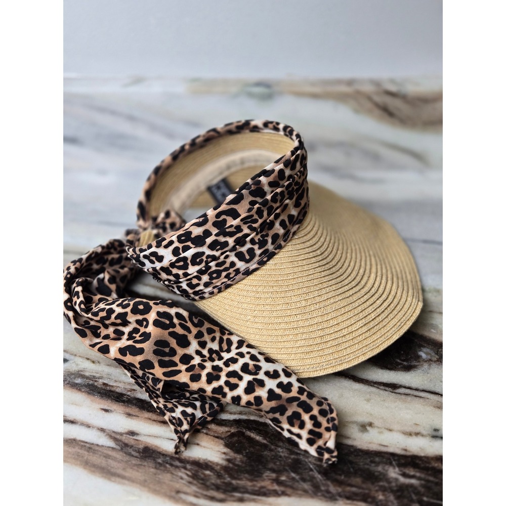 August Hat Company Leopard Print Scarf Tie Straw Visor Tan Brown RN 67508 - Picture 8 of 8